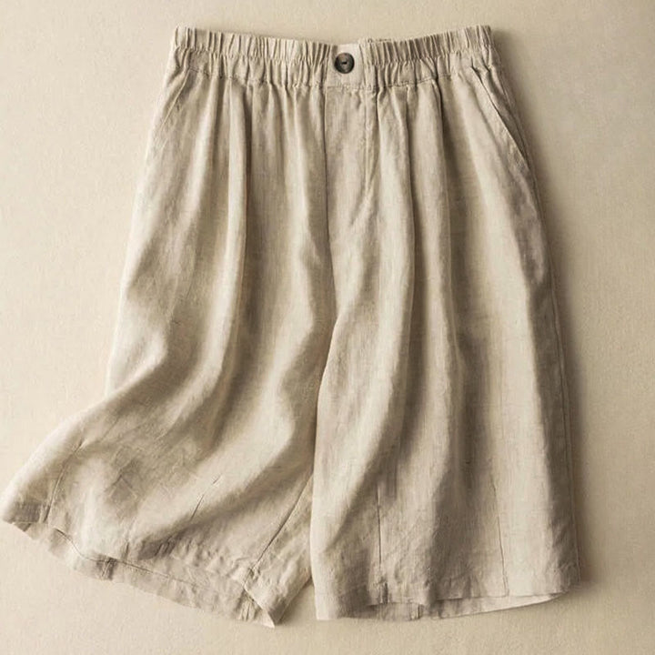 Pantalones cortos de mujer de algodón y lino lisos con botones y bolsillos, estampado Buddha Stones, estilo casual de verano. - Beige - US8-10, UK/AU12-14, EU40-42 (3XL) - image 6