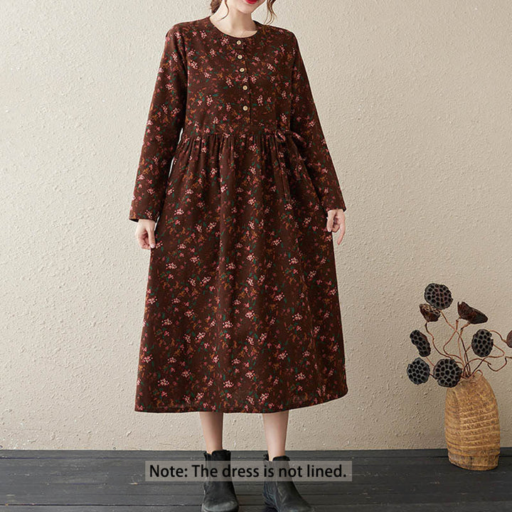 Vestido midi de lino y algodón con estampado Buddha Stones floral, manga larga, botones y bolsillos. - image 2