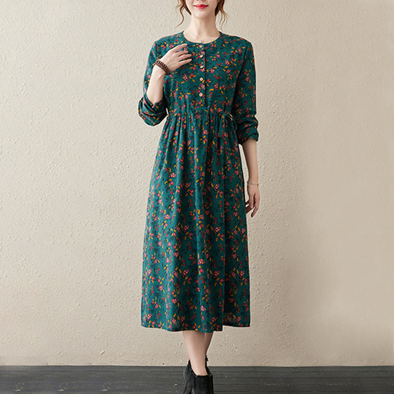 Vestido midi de lino y algodón con estampado Buddha Stones floral, manga larga, botones y bolsillos. - image 8