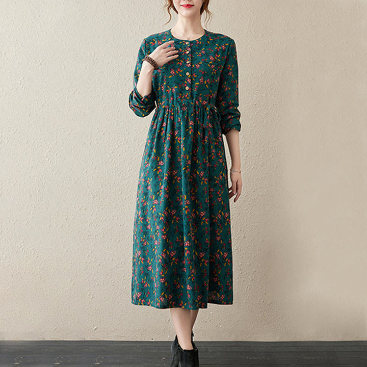 Vestido midi de lino y algodón con estampado Buddha Stones floral, manga larga, botones y bolsillos. - image 8