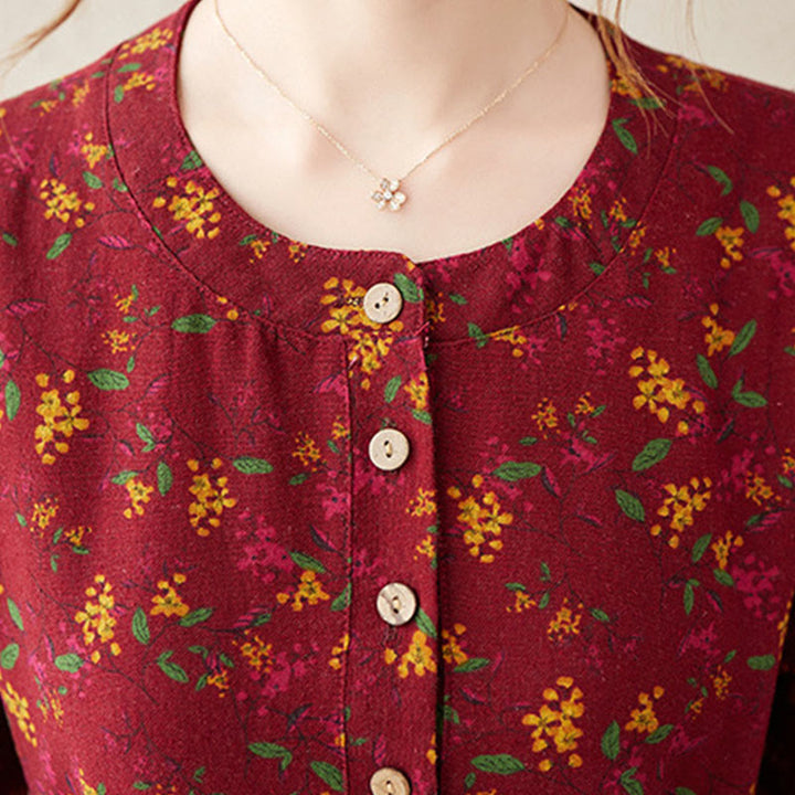 Vestido midi de lino y algodón con estampado Buddha Stones floral, manga larga, botones y bolsillos. - image 16
