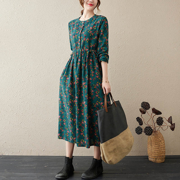 Vestido midi de lino y algodón con estampado Buddha Stones floral, manga larga, botones y bolsillos. - Cian oscuro - US12, UK/AU16, EU44 (3XL) - image 6