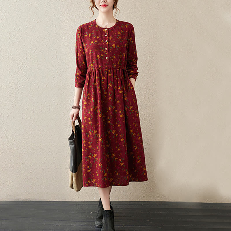 Vestido midi de lino y algodón con estampado Buddha Stones floral, manga larga, botones y bolsillos. - image 15