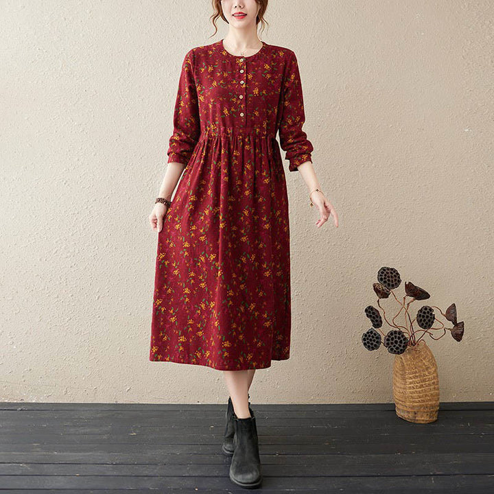 Vestido midi de lino y algodón con estampado Buddha Stones floral, manga larga, botones y bolsillos. - Ladrillo refractario - US12, UK/AU16, EU44 (3XL) - image 11