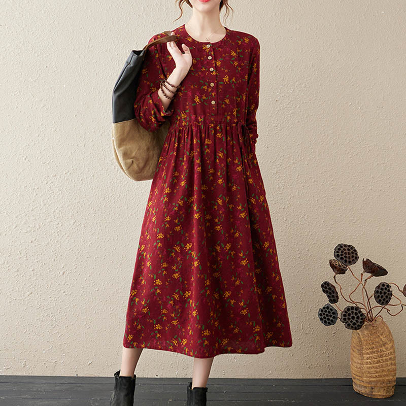 Vestido midi de lino y algodón con estampado Buddha Stones floral, manga larga, botones y bolsillos. - image 13