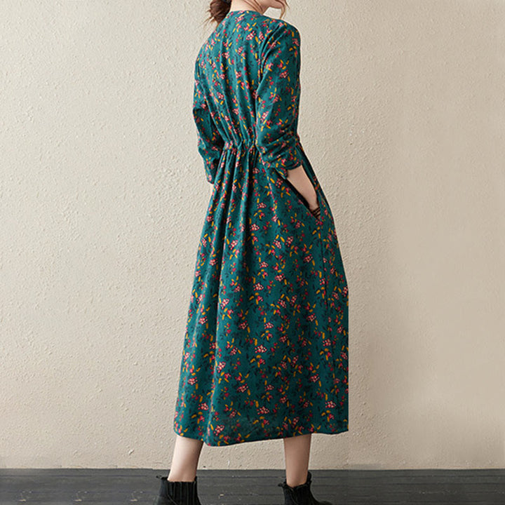 Vestido midi de lino y algodón con estampado Buddha Stones floral, manga larga, botones y bolsillos. - image 9