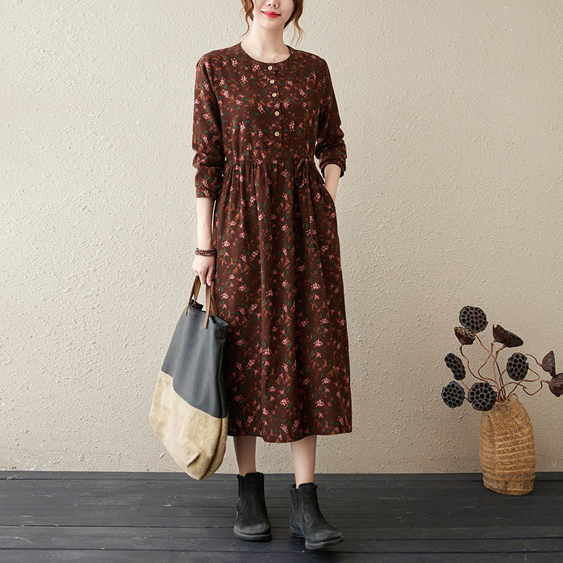 Vestido midi de lino y algodón con estampado Buddha Stones floral, manga larga, botones y bolsillos. - SaddleBrown - US12, UK/AU16, EU44 (3XL) - image 1