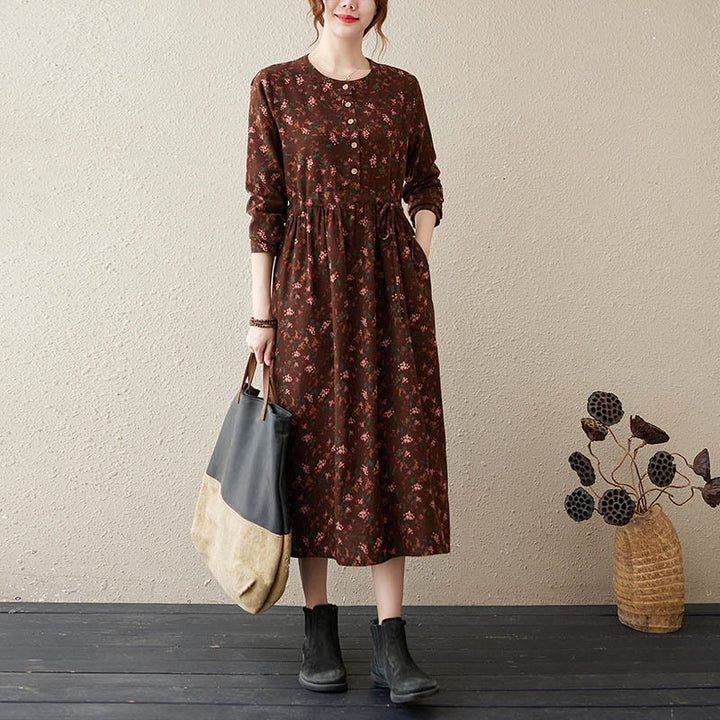 Vestido midi de lino y algodón con estampado Buddha Stones floral, manga larga, botones y bolsillos. - SaddleBrown - US12, UK/AU16, EU44 (3XL) - image 1