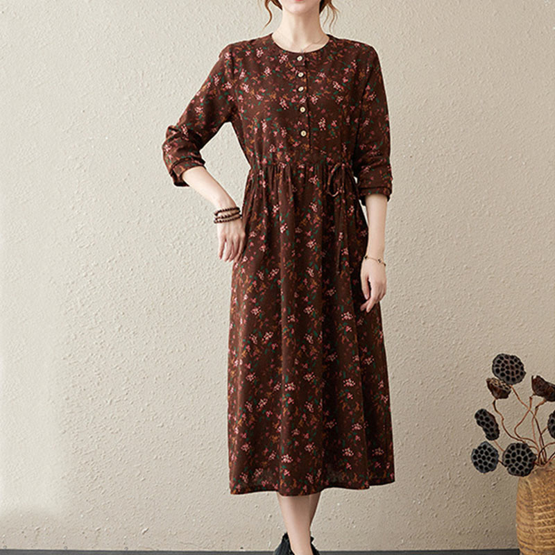 Vestido midi de lino y algodón con estampado Buddha Stones floral, manga larga, botones y bolsillos. - image 3