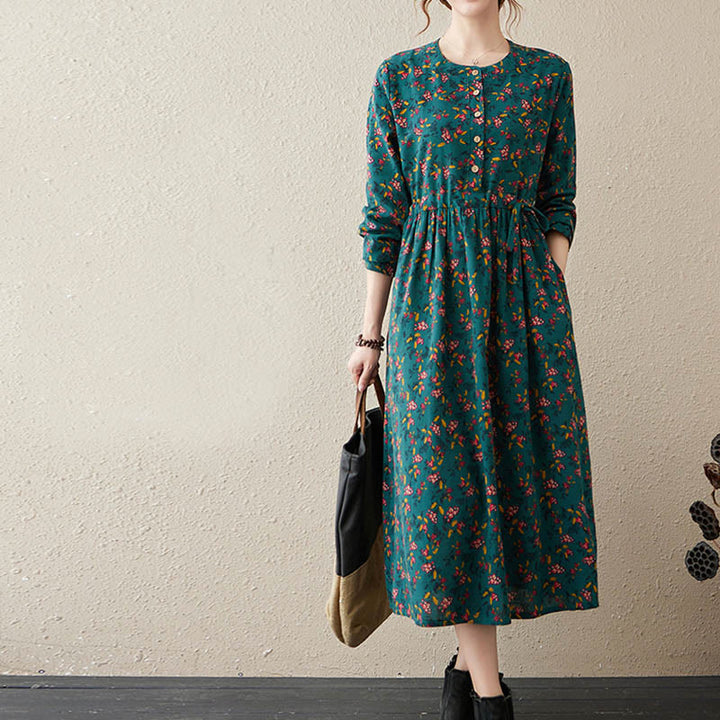 Vestido midi de lino y algodón con estampado Buddha Stones floral, manga larga, botones y bolsillos. - image 10