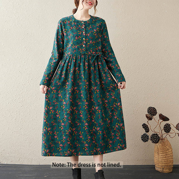 Vestido midi de lino y algodón con estampado Buddha Stones floral, manga larga, botones y bolsillos. - image 7