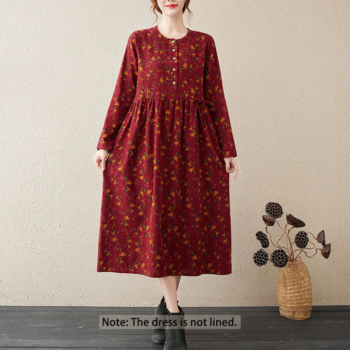 Vestido midi de lino y algodón con estampado Buddha Stones floral, manga larga, botones y bolsillos. - image 12
