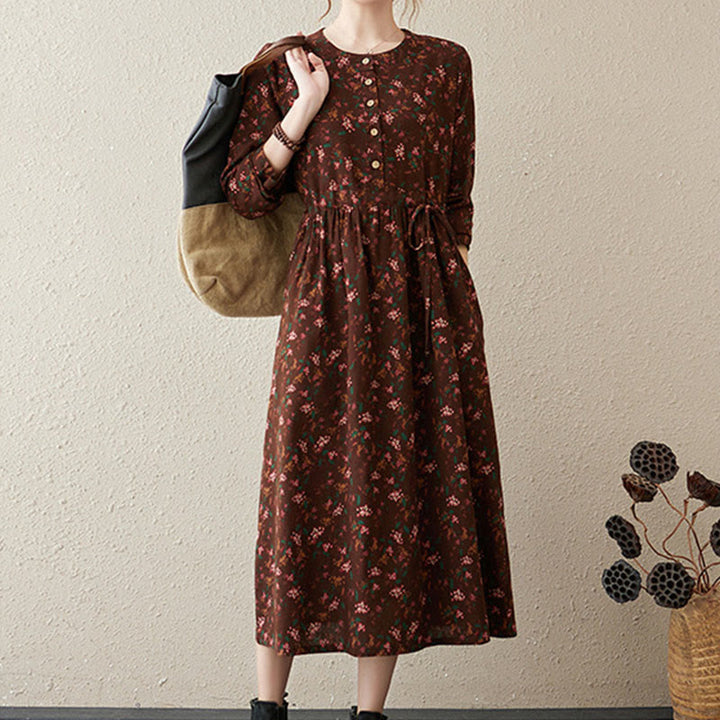 Vestido midi de lino y algodón con estampado Buddha Stones floral, manga larga, botones y bolsillos. - image 5