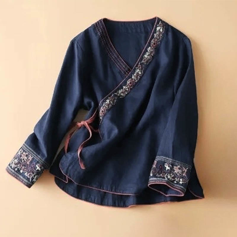 Camisa informal de algodón de manga larga con cuello inclinado y tirantes para mujer con flores bordadas de Buddha Stones - Marina de guerra - US12, UK/AU16, EU44 (3XL) - image 10