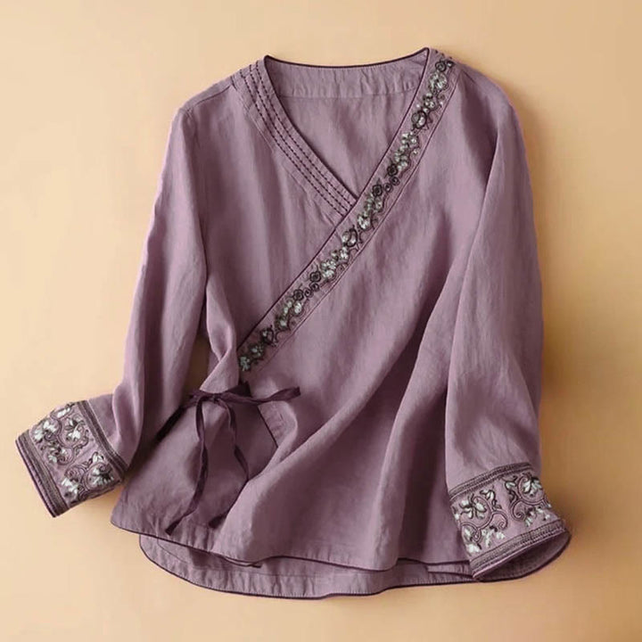 Camisa informal de algodón de manga larga con cuello inclinado y tirantes para mujer con flores bordadas de Buddha Stones - Orquídea - US12, UK/AU16, EU44 (3XL) - image 7
