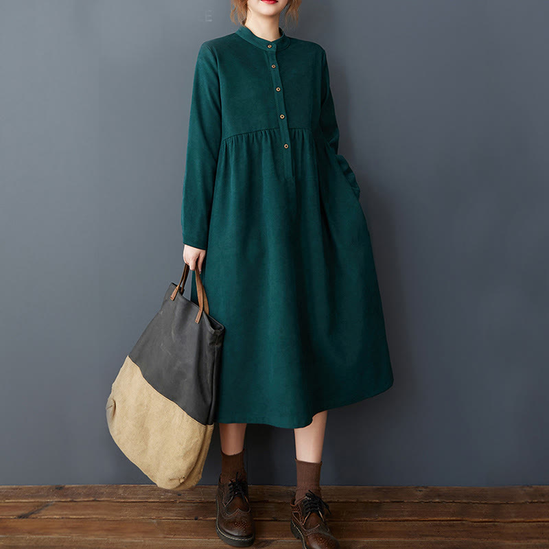 Vestido midi de lino y algodón térmico de manga larga con bolsillos y diseño de botones lisos de Buddha Stones - image 10