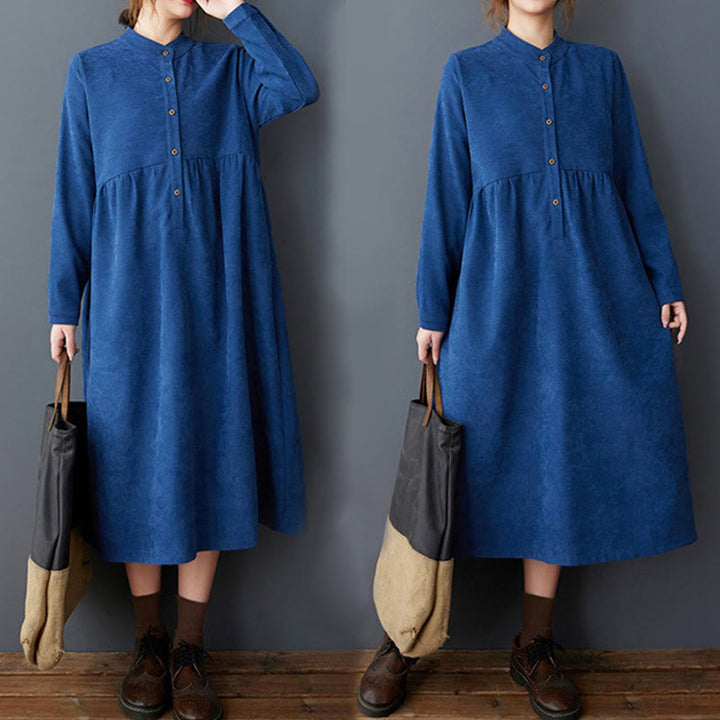 Vestido midi de lino y algodón térmico de manga larga con bolsillos y diseño de botones lisos de Buddha Stones - image 20