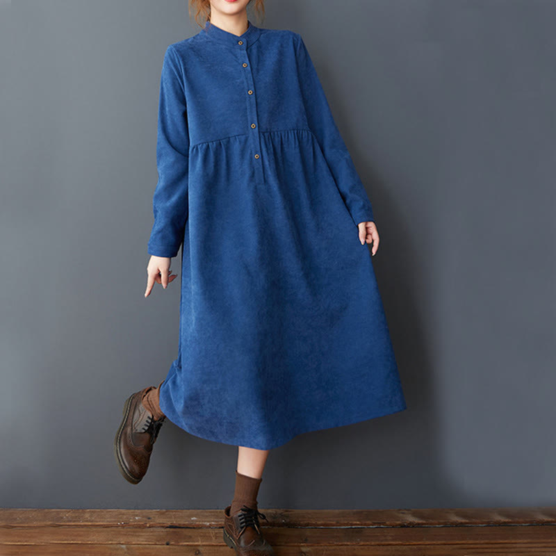 Vestido midi de lino y algodón térmico de manga larga con bolsillos y diseño de botones lisos de Buddha Stones - image 15