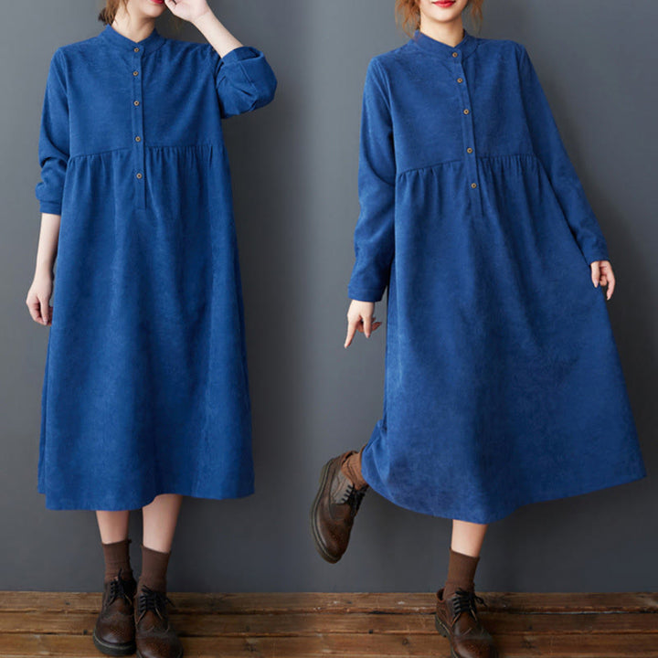 Vestido midi de lino y algodón térmico de manga larga con bolsillos y diseño de botones lisos de Buddha Stones - Azul medio - US8-10，UK/AU12-14，EU40-42 (2XL) - image 13
