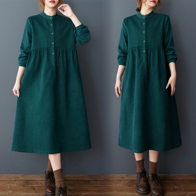 Vestido midi de lino y algodón térmico de manga larga con bolsillos y diseño de botones lisos de Buddha Stones - Verde azulado - US8-10，UK/AU12-14，EU40-42 (2XL) - image 6