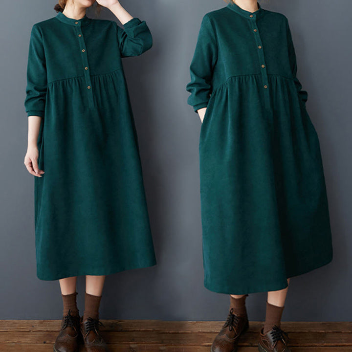 Vestido midi de lino y algodón térmico de manga larga con bolsillos y diseño de botones lisos de Buddha Stones - image 12
