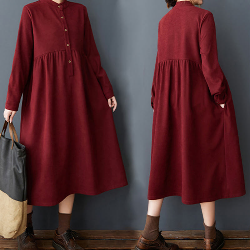 Vestido midi de lino y algodón térmico de manga larga con bolsillos y diseño de botones lisos de Buddha Stones - image 27