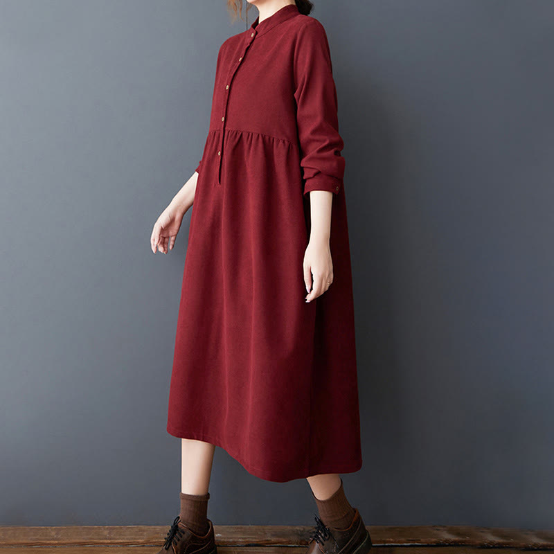 Vestido midi de lino y algodón térmico de manga larga con bolsillos y diseño de botones lisos de Buddha Stones - image 24