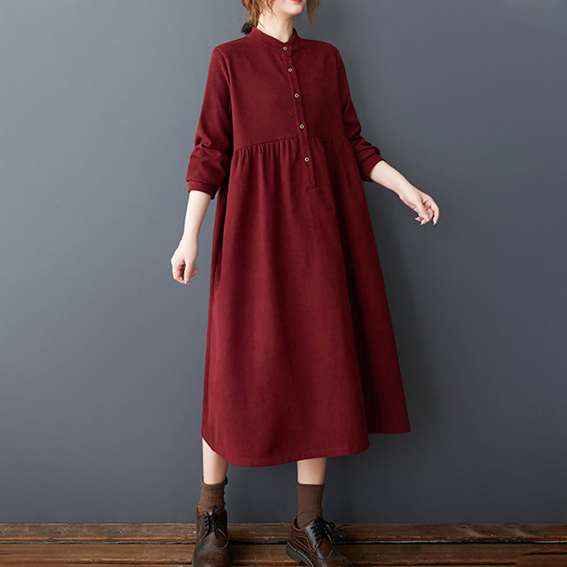 Vestido midi de lino y algodón térmico de manga larga con bolsillos y diseño de botones lisos de Buddha Stones - image 26