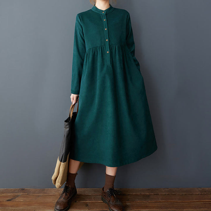 Vestido midi de lino y algodón térmico de manga larga con bolsillos y diseño de botones lisos de Buddha Stones - image 8