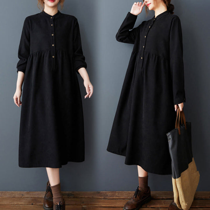 Vestido midi de lino y algodón térmico de manga larga con bolsillos y diseño de botones lisos de Buddha Stones - Negro - US8-10，UK/AU12-14，EU40-42 (2XL) - image 0