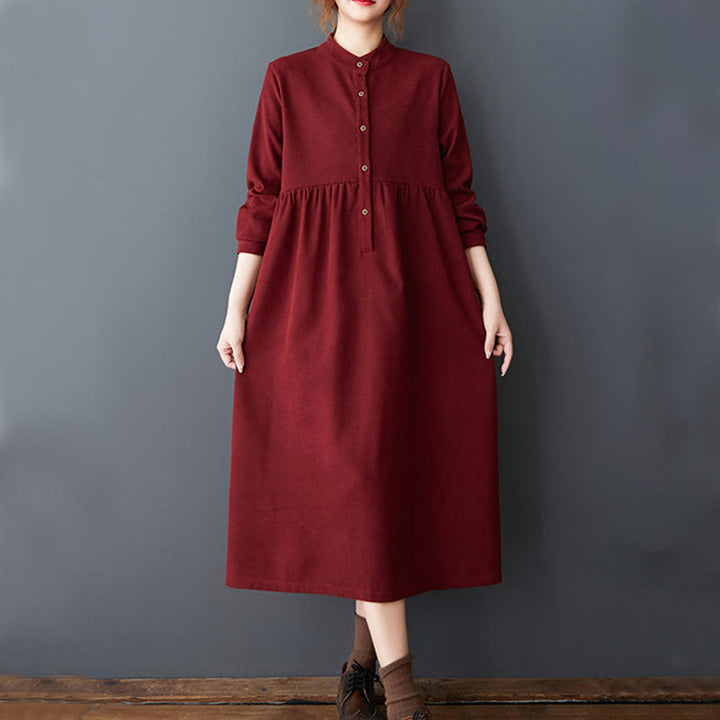 Vestido midi de lino y algodón térmico de manga larga con bolsillos y diseño de botones lisos de Buddha Stones - image 24