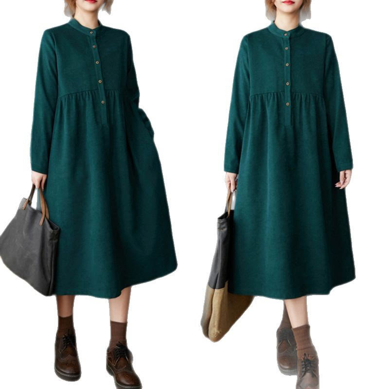 Vestido midi de lino y algodón térmico de manga larga con bolsillos y diseño de botones lisos de Buddha Stones - image 13