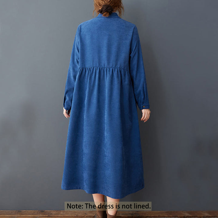 Vestido midi de lino y algodón térmico de manga larga con bolsillos y diseño de botones lisos de Buddha Stones - image 14