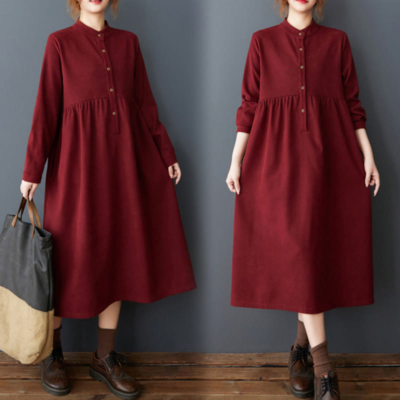 Vestido midi de lino y algodón térmico de manga larga con bolsillos y diseño de botones lisos de Buddha Stones - Ladrillo refractario - US8-10，UK/AU12-14，EU40-42 (2XL) - image 22