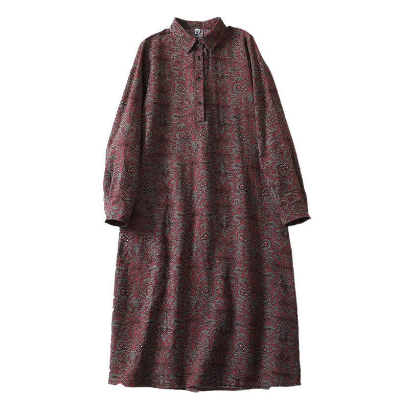 Vestido midi de lino y algodón con solapa, manga larga y bolsillos, estampado floral marrón de Buddha Stones - image 12