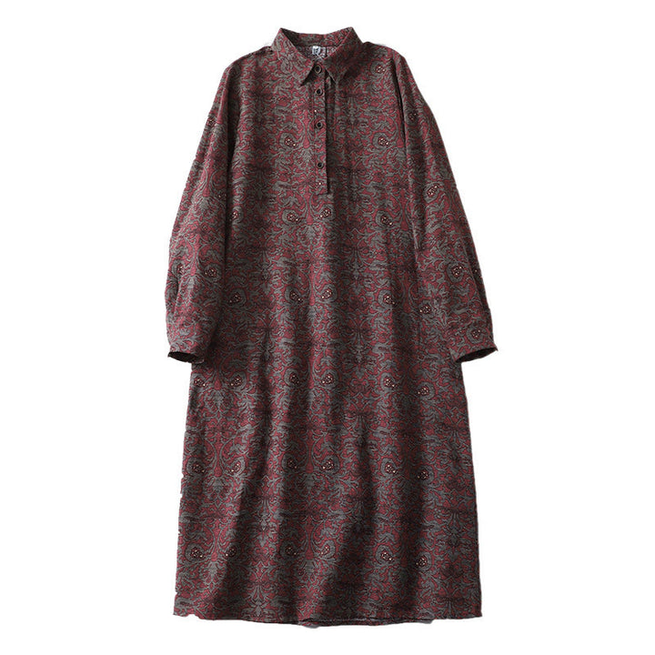Vestido midi de lino y algodón con solapa, manga larga y bolsillos, estampado floral marrón de Buddha Stones - image 13