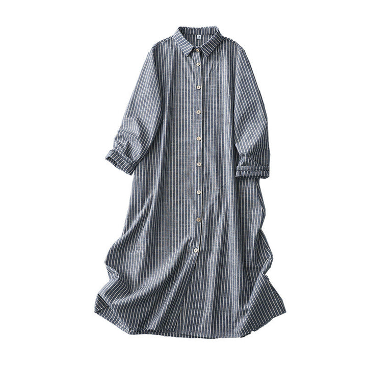 Vestido midi de lino y algodón con solapa, manga larga y bolsillos , de Buddha Stones, en azul acero claro y blanco a rayas - image 11
