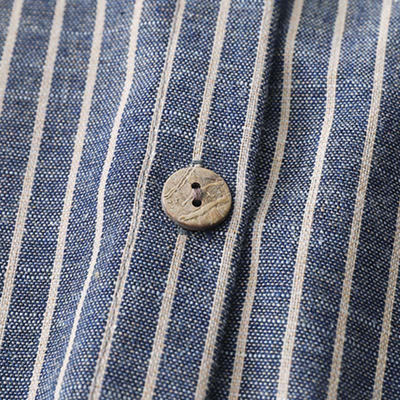 Vestido midi de lino y algodón con solapa, manga larga y bolsillos , de Buddha Stones, en azul acero claro y blanco a rayas - image 5