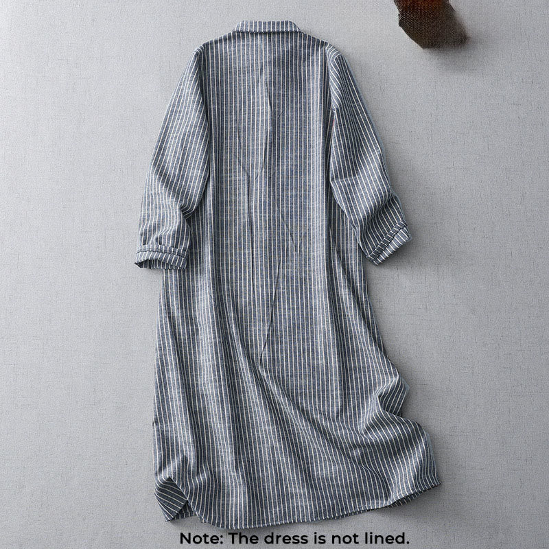 Vestido midi de lino y algodón con solapa, manga larga y bolsillos , de Buddha Stones, en azul acero claro y blanco a rayas - image 1