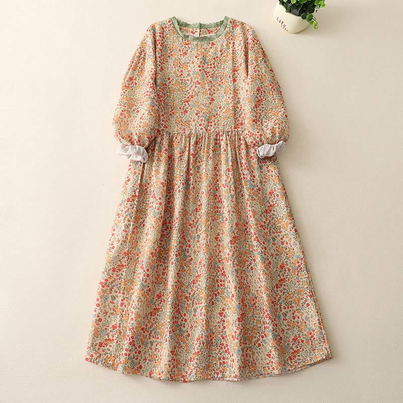 Vestido midi informal de lino y algodón con cuello redondo, mangas largas y bolsillos, con encaje floral y Buddha Stones - Caqui - US8-10，UK/AU12-14，EU40-42 (2XL) - image 5