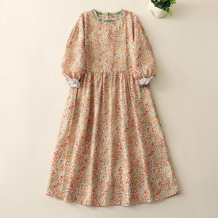 Vestido midi informal de lino y algodón con cuello redondo, mangas largas y bolsillos, con encaje floral y Buddha Stones - Caqui - US8-10，UK/AU12-14，EU40-42 (2XL) - image 5
