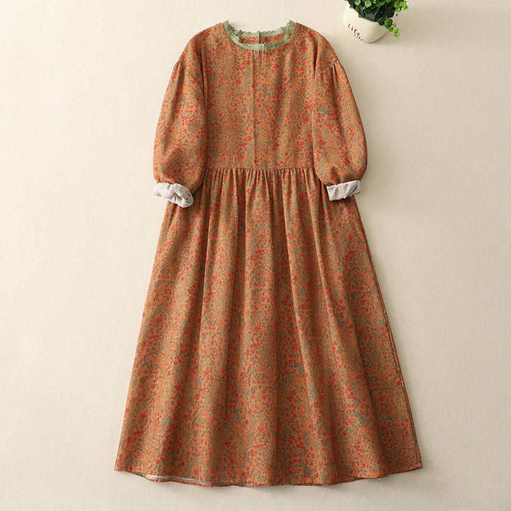 Vestido midi informal de lino y algodón con cuello redondo, mangas largas y bolsillos, con encaje floral y Buddha Stones - Naranja oscuro - US8-10，UK/AU12-14，EU40-42 (2XL) - image 1