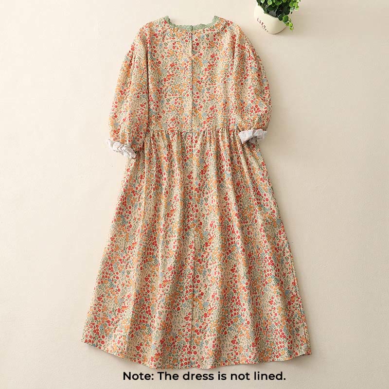 Vestido midi informal de lino y algodón con cuello redondo, mangas largas y bolsillos, con encaje floral y Buddha Stones - image 6