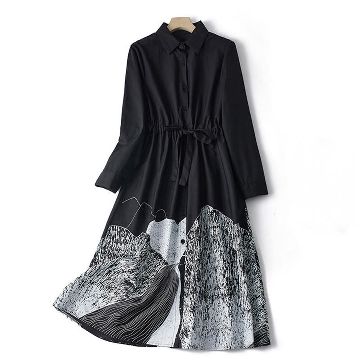 Vestido midi de algodón con solapa, manga larga, cordones y bolsillos, estampado de líneas irregulares y Buddha Stones - Negro - US8-10，UK/AU12-14，EU40-42 (2XL) - image 1