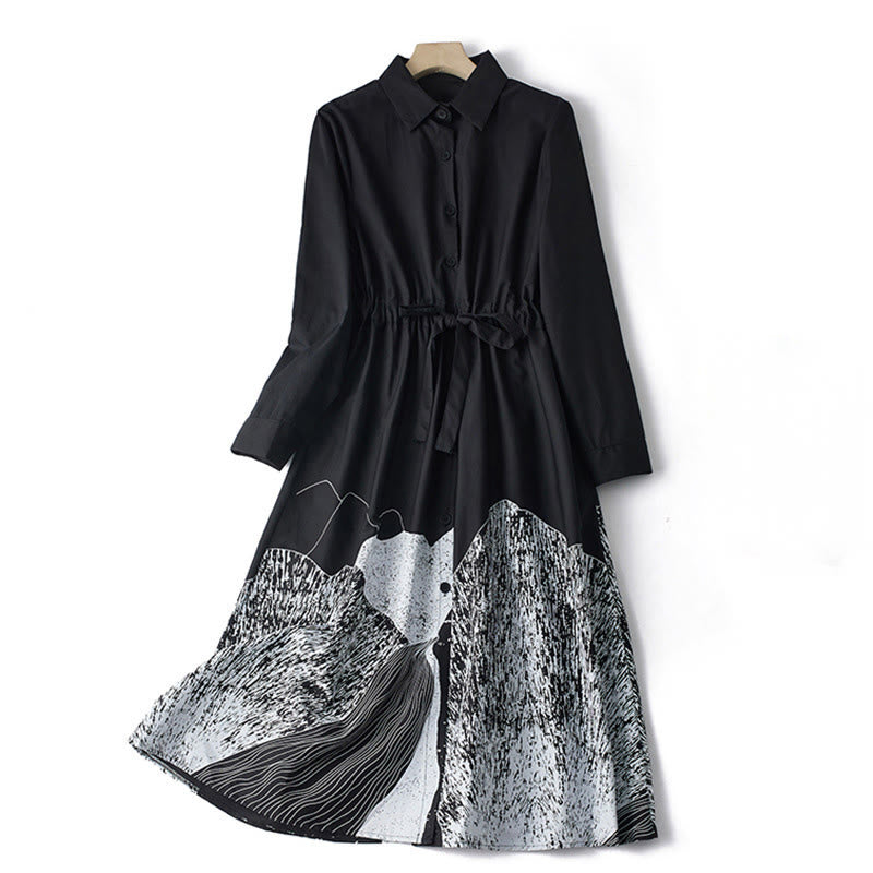 Vestido midi de algodón con solapa, manga larga, cordones y bolsillos, estampado de líneas irregulares y Buddha Stones - Negro - US8-10，UK/AU12-14，EU40-42 (2XL) - image 0