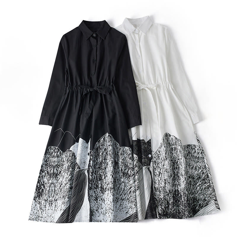 Vestido midi de algodón con solapa, manga larga, cordones y bolsillos, estampado de líneas irregulares y Buddha Stones - image 16