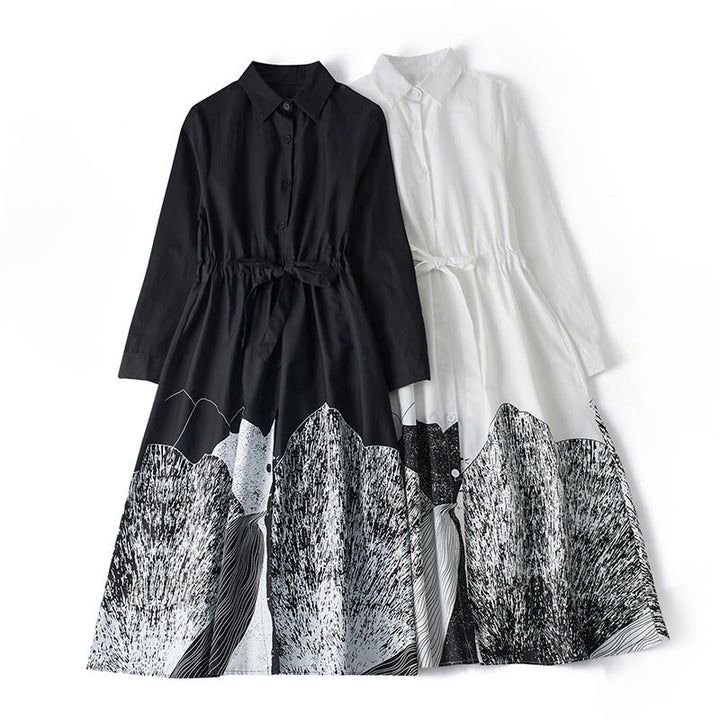 Vestido midi de algodón con solapa, manga larga, cordones y bolsillos, estampado de líneas irregulares y Buddha Stones - image 16