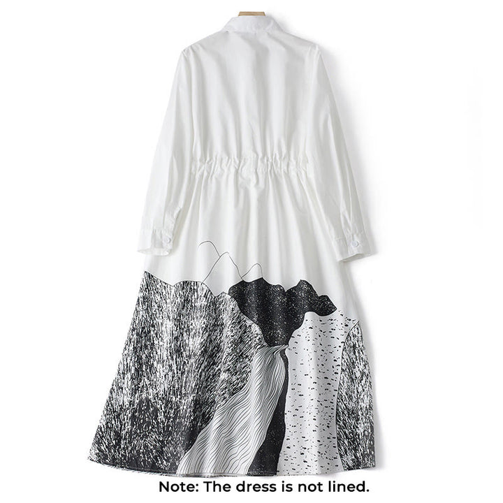 Vestido midi de algodón con solapa, manga larga, cordones y bolsillos, estampado de líneas irregulares y Buddha Stones - image 11