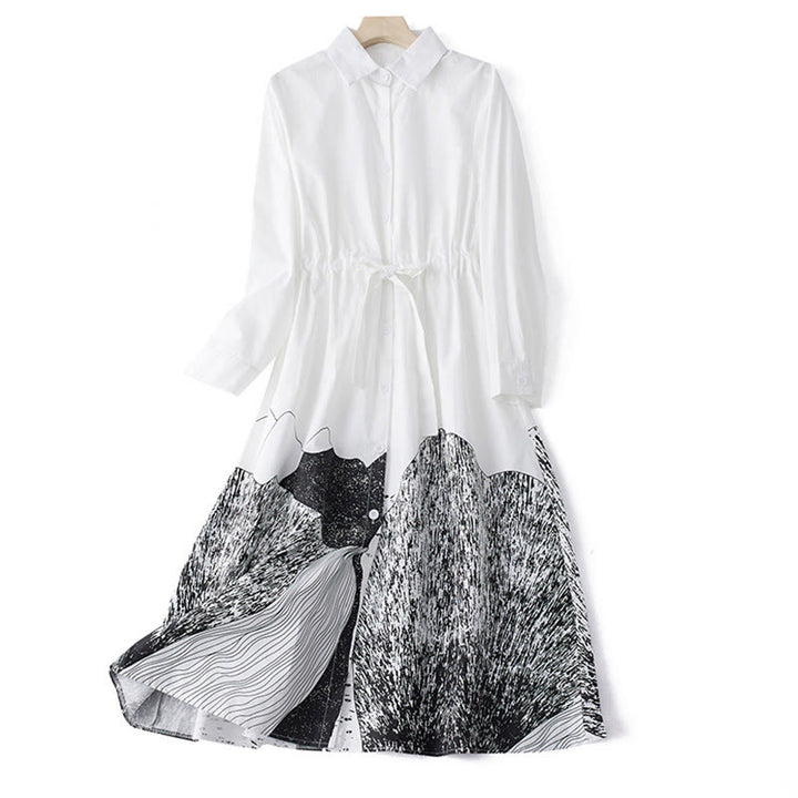 Vestido midi de algodón con solapa, manga larga, cordones y bolsillos, estampado de líneas irregulares y Buddha Stones - Blanco - US8-10，UK/AU12-14，EU40-42 (2XL) - image 10