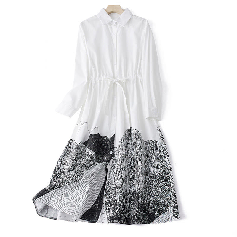 Vestido midi de algodón con solapa, manga larga, cordones y bolsillos, estampado de líneas irregulares y Buddha Stones - Blanco - US8-10，UK/AU12-14，EU40-42 (2XL) - image 9
